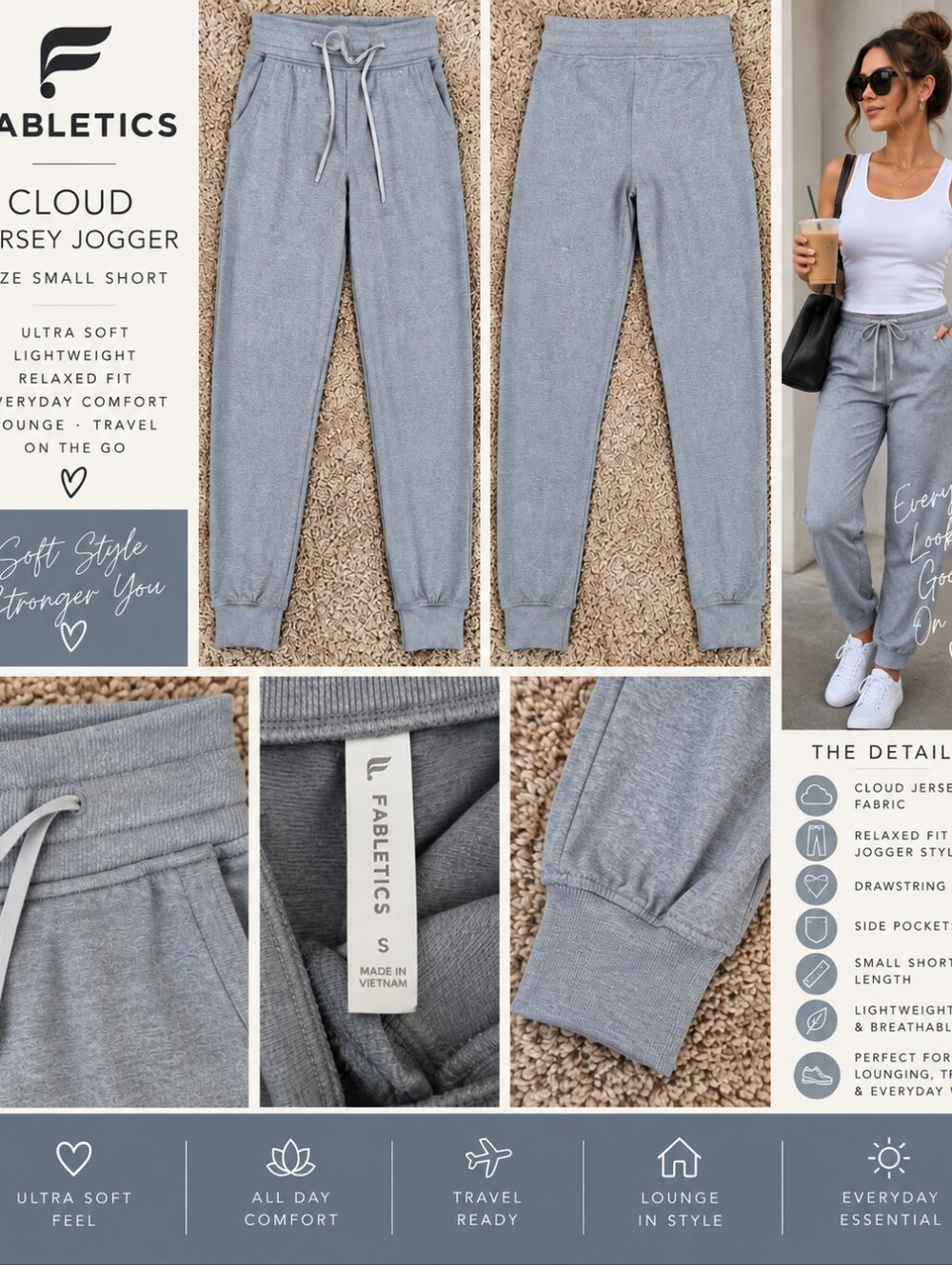✨ Fabletics Cloud Jersey Jogger – Heather Gray – Size Small Short